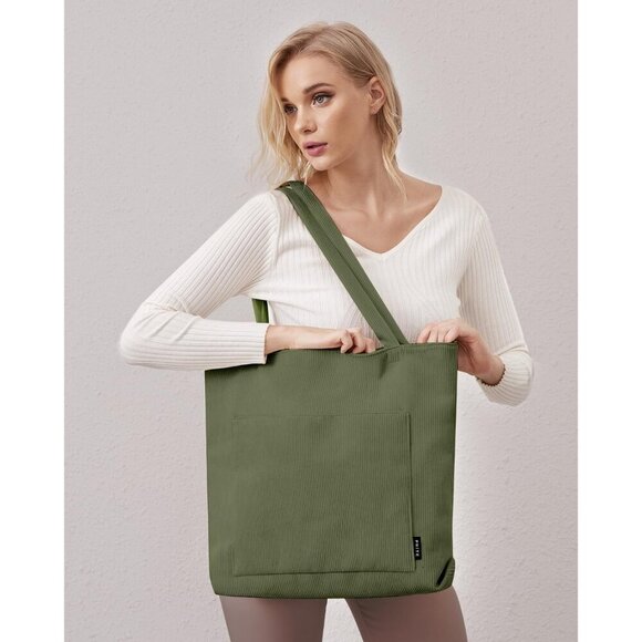Women Green Corduroy Polyester Lining Shoulder Bag with Zipper And Pockets - Picture 7 of 13